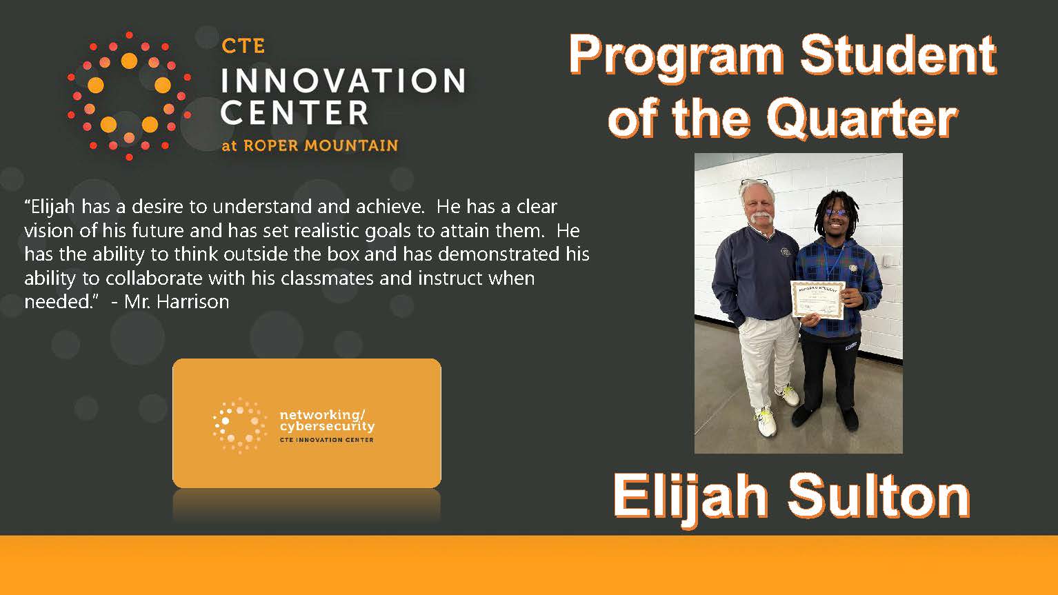 Elijah Sulton Program Student of the Quarter